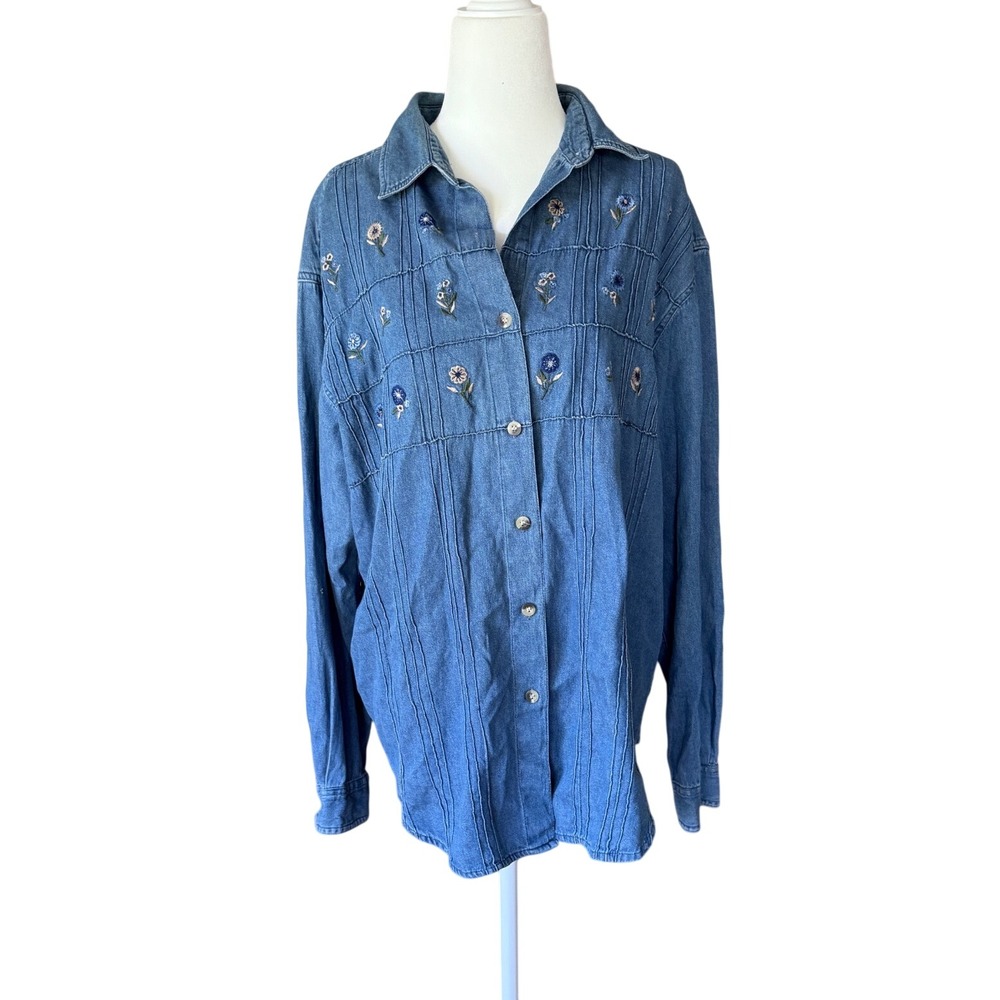 Casey‎ & Max Embroidered Denim Shirt Floral Pintuck Cottagecore Button Up M